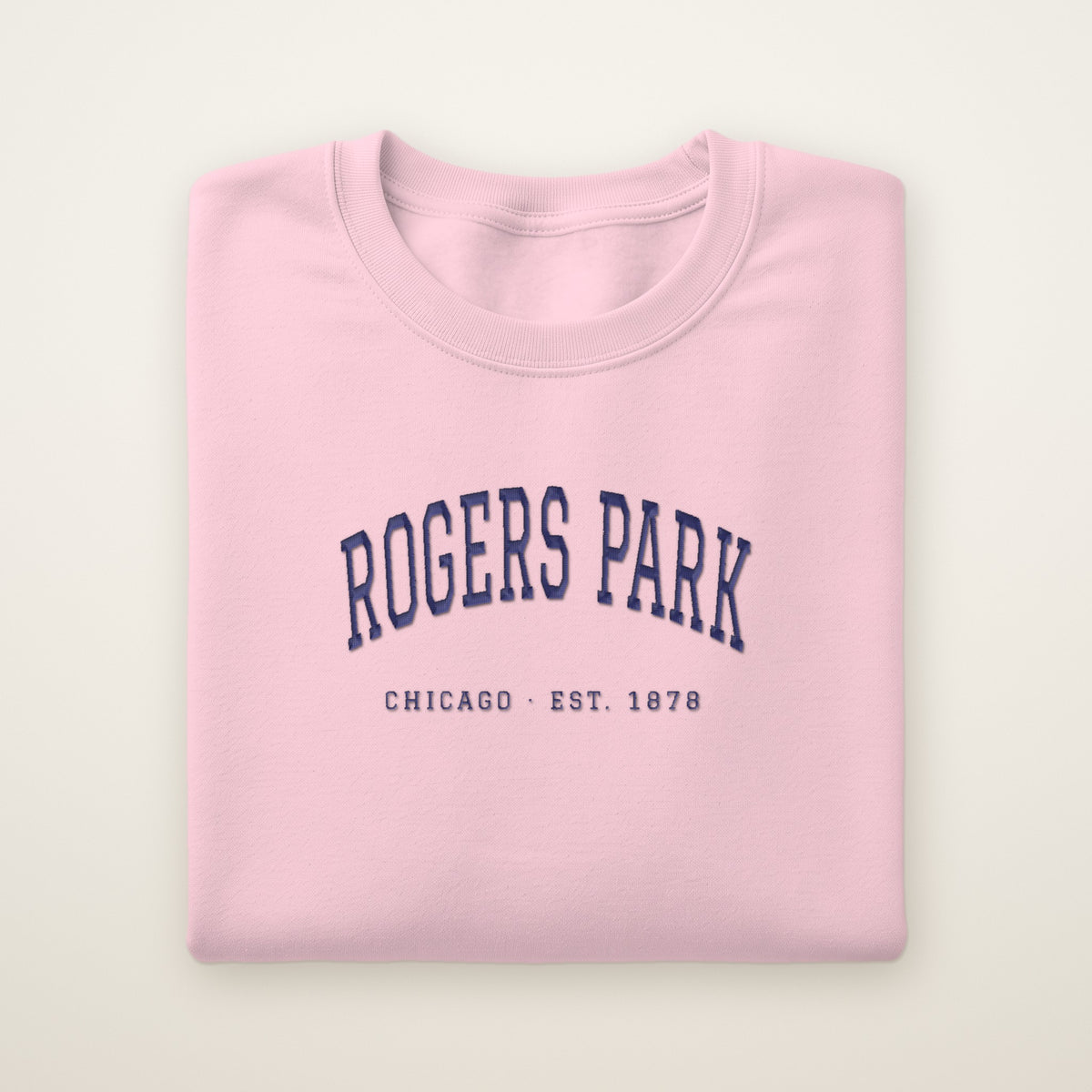 Rogers Park Chicago embroidered crewneck sweatshirt, Light Pink, navy embroidery