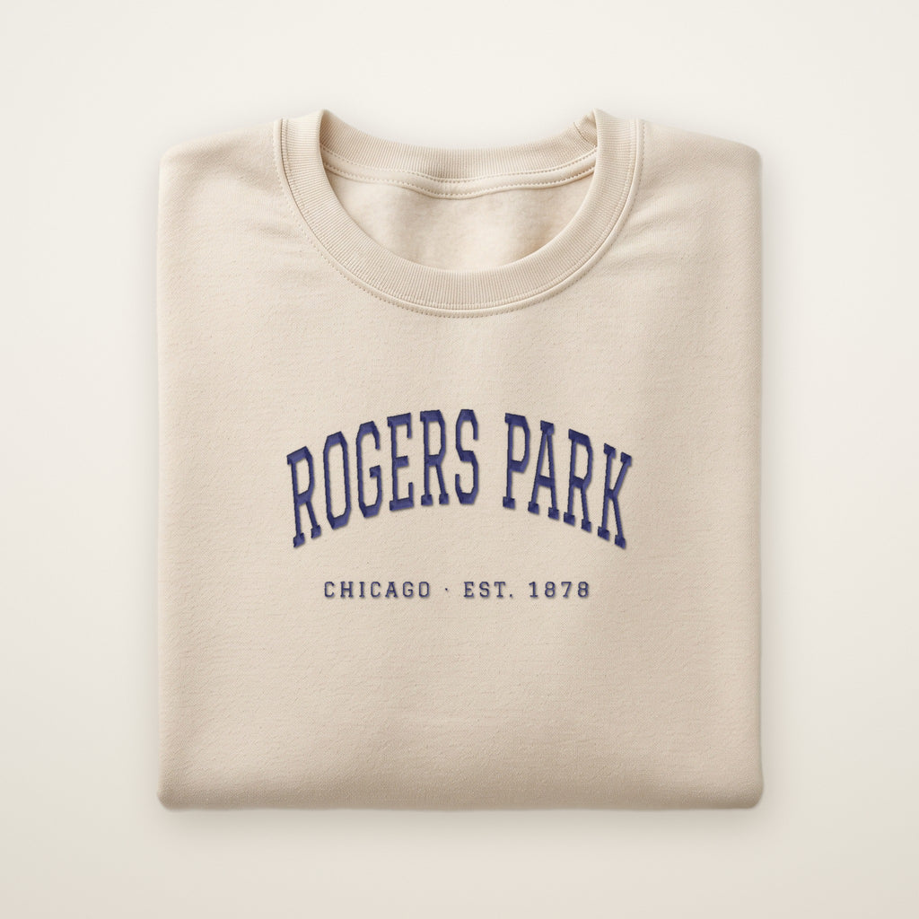 Rogers Park Chicago embroidered crewneck sweatshirt, Sand, navy embroidery