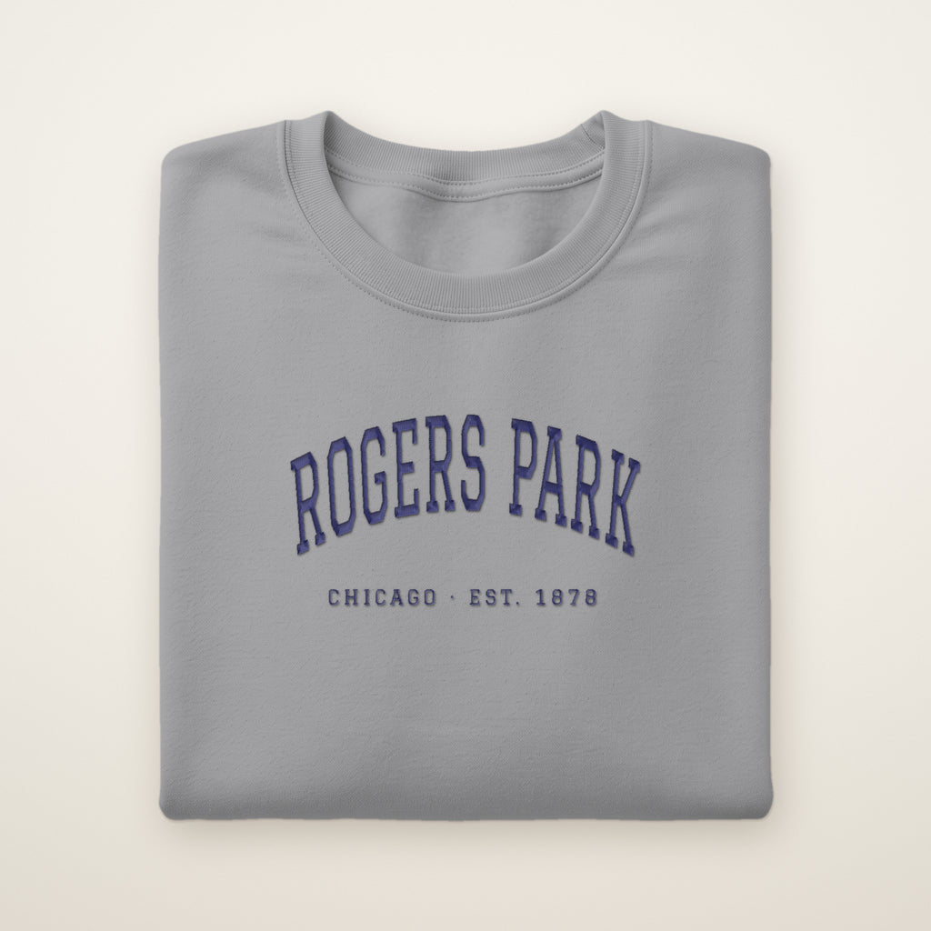 Rogers Park Chicago embroidered crewneck sweatshirt, Sport Grey, navy embroidery
