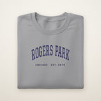 Rogers Park Chicago embroidered crewneck sweatshirt, Sport Grey, navy embroidery