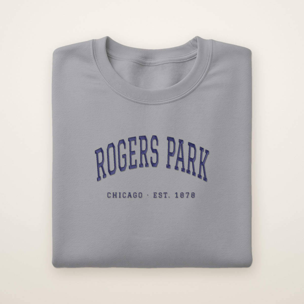 Rogers Park Chicago embroidered crewneck sweatshirt, Sport Grey, navy embroidery