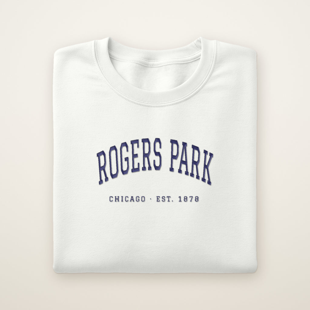 Rogers Park Chicago embroidered crewneck sweatshirt, White, navy embroidery