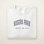 Rogers Park Chicago embroidered crewneck sweatshirt, White, navy embroidery