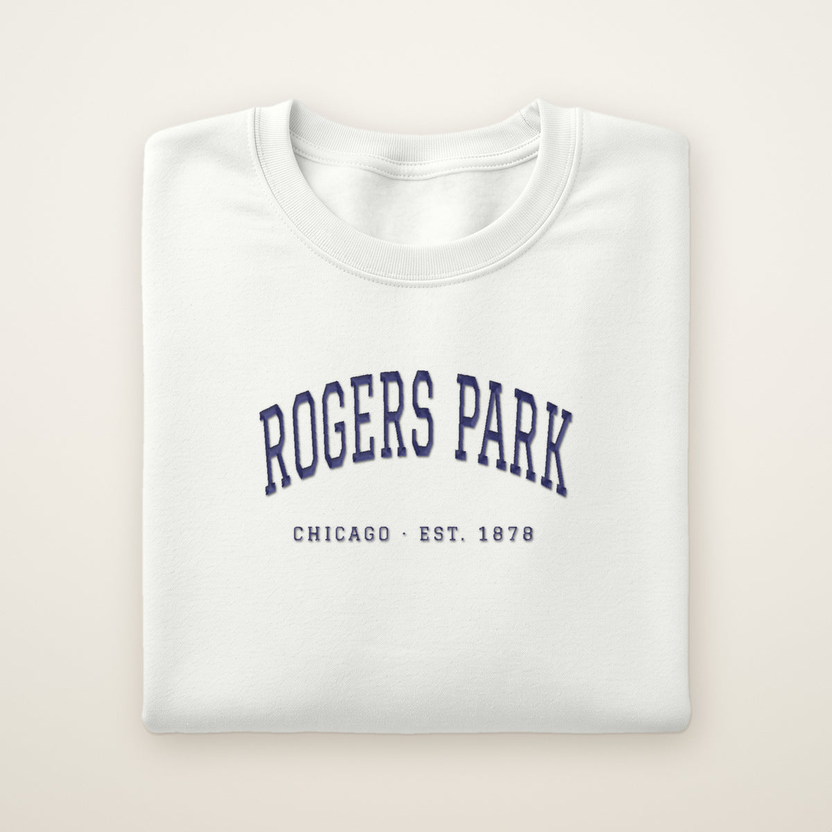 Rogers Park Chicago embroidered crewneck sweatshirt, White, navy embroidery