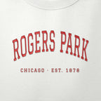 Close-up of red satin-stitch Rogers Park embroidery