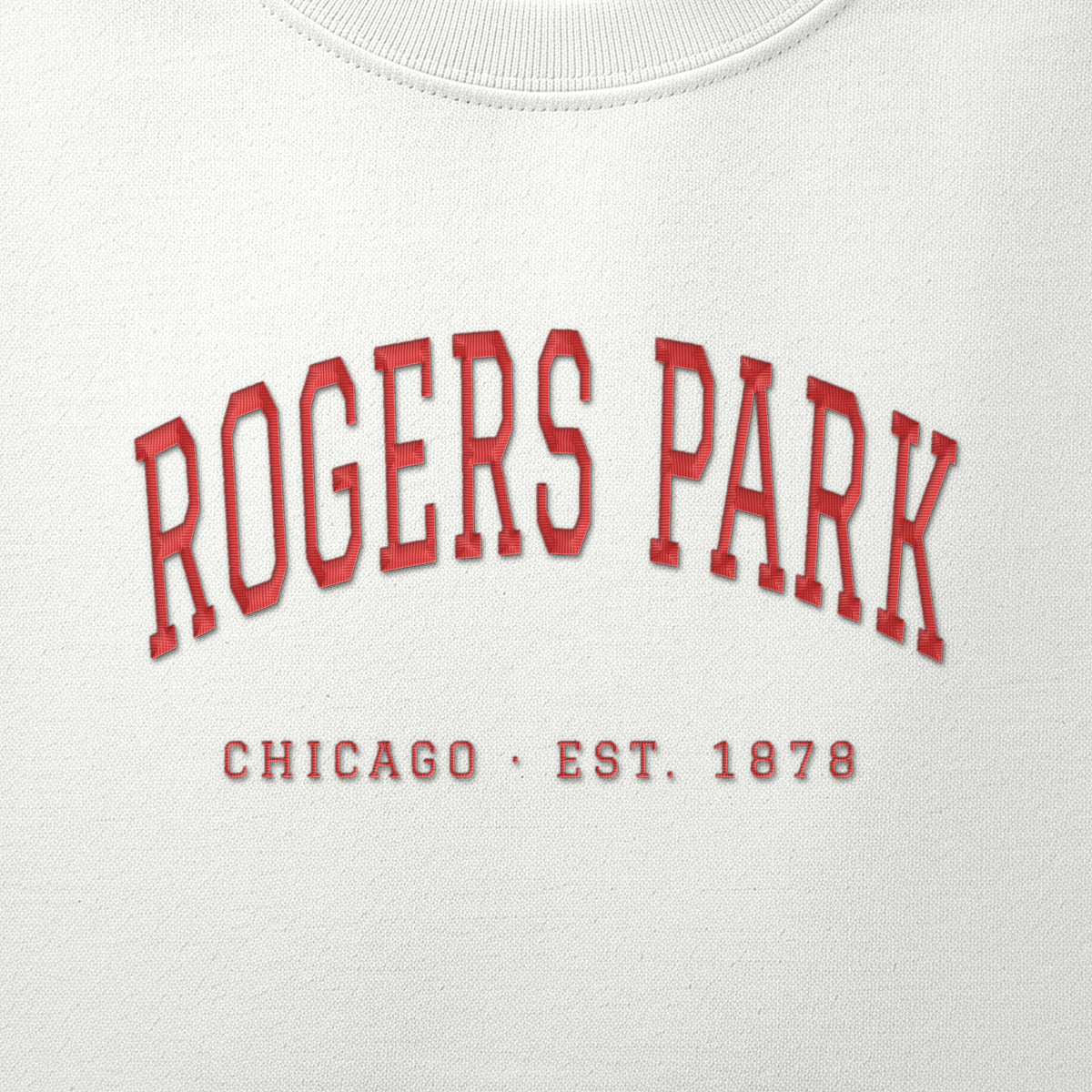 Close-up of red satin-stitch Rogers Park embroidery