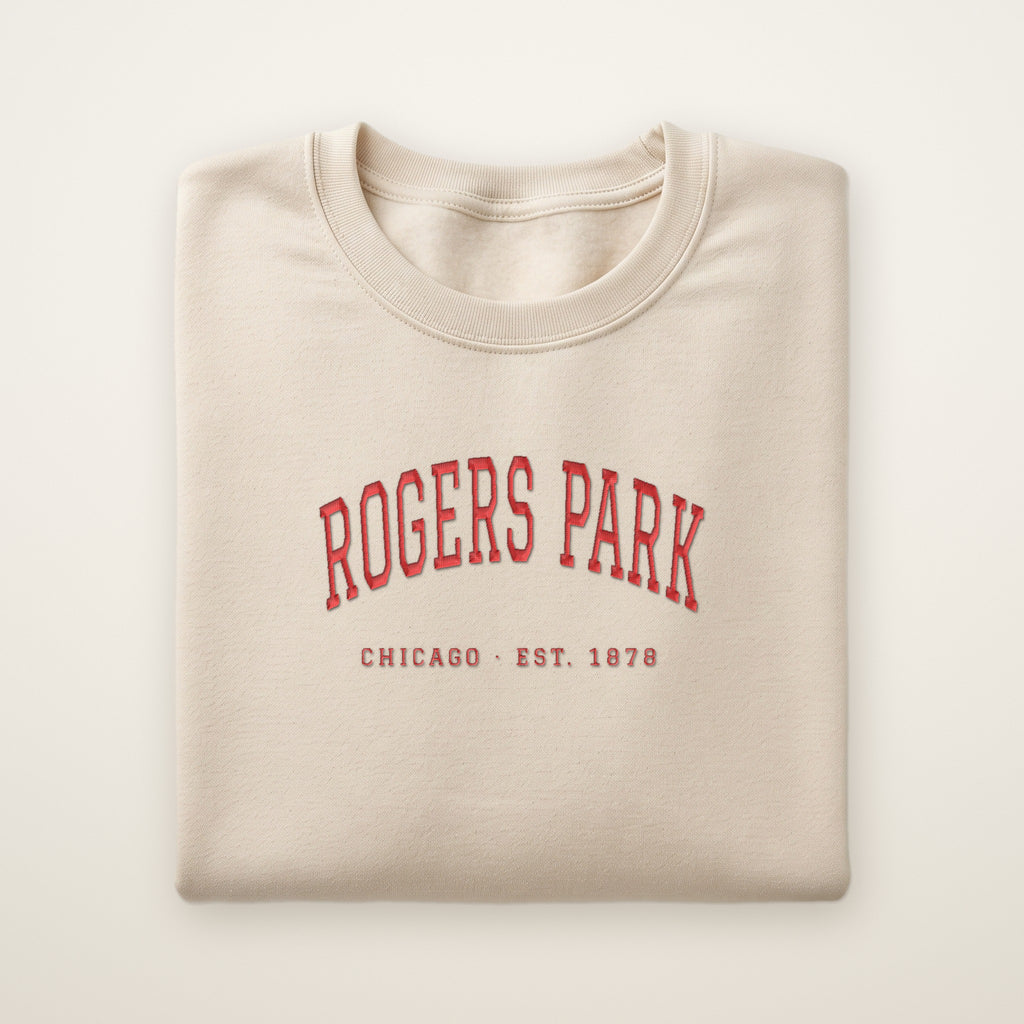 Rogers Park Chicago embroidered crewneck sweatshirt, Sand, red embroidery