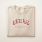 Rogers Park Chicago embroidered crewneck sweatshirt, Sand, red embroidery