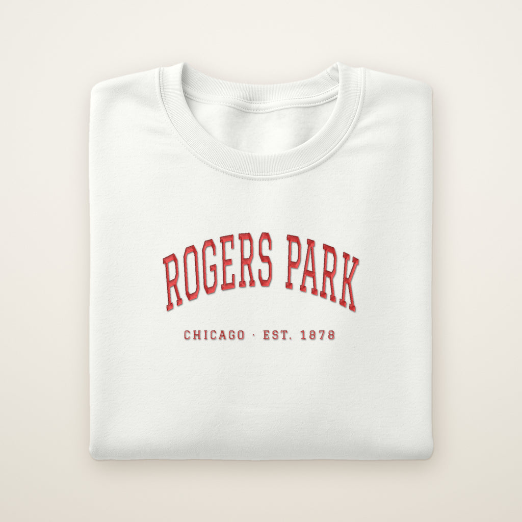 Rogers Park Chicago embroidered crewneck sweatshirt, White, red embroidery