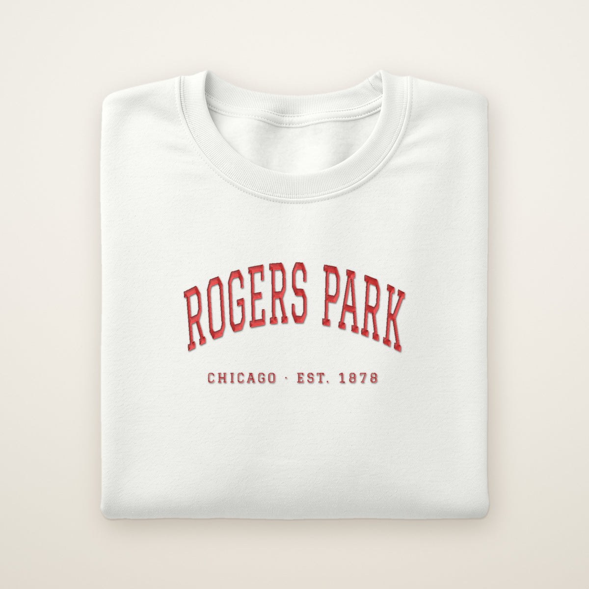Rogers Park Chicago embroidered crewneck sweatshirt, White, red embroidery