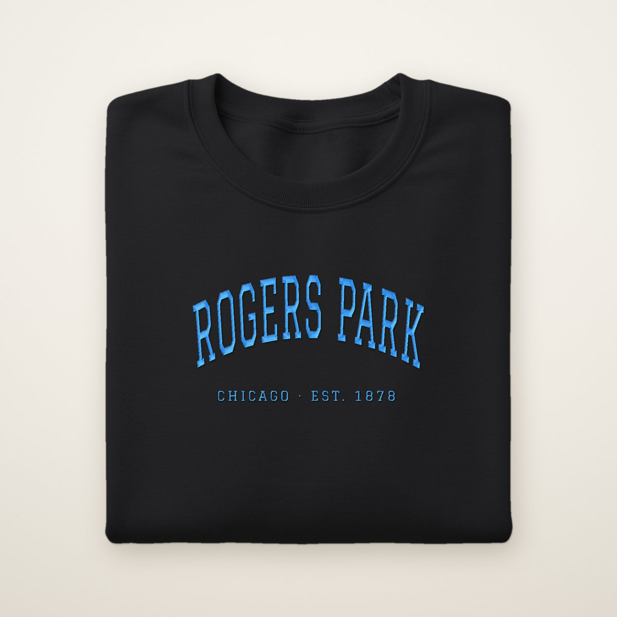 Rogers Park Chicago embroidered crewneck sweatshirt, Black, sky blue embroidery