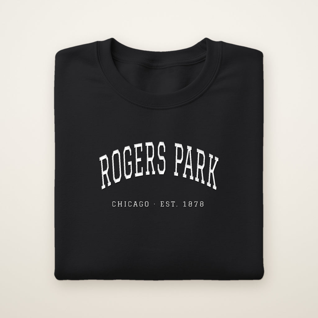Rogers Park Chicago embroidered crewneck sweatshirt, Black, white embroidery
