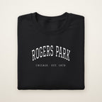 Rogers Park Chicago embroidered crewneck sweatshirt, Black, white embroidery