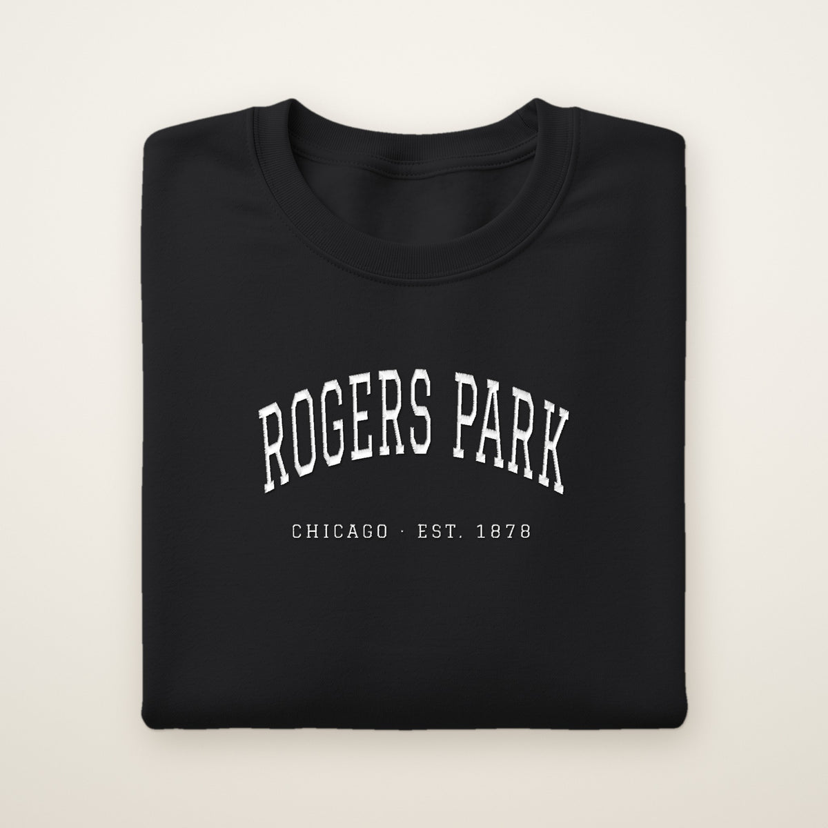 Rogers Park Chicago embroidered crewneck sweatshirt, Black, white embroidery