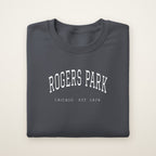 Rogers Park Chicago embroidered crewneck sweatshirt, Dark Heather, white embroidery
