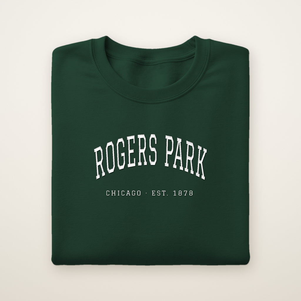 Rogers Park Chicago embroidered crewneck sweatshirt, Forest Green, white embroidery