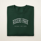 Rogers Park Chicago embroidered crewneck sweatshirt, Forest Green, white embroidery