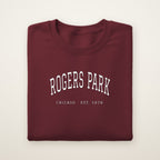 Rogers Park Chicago embroidered crewneck sweatshirt, Maroon, white embroidery