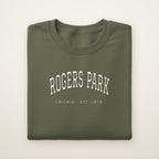 Rogers Park Chicago embroidered crewneck sweatshirt, Military Green, white embroidery