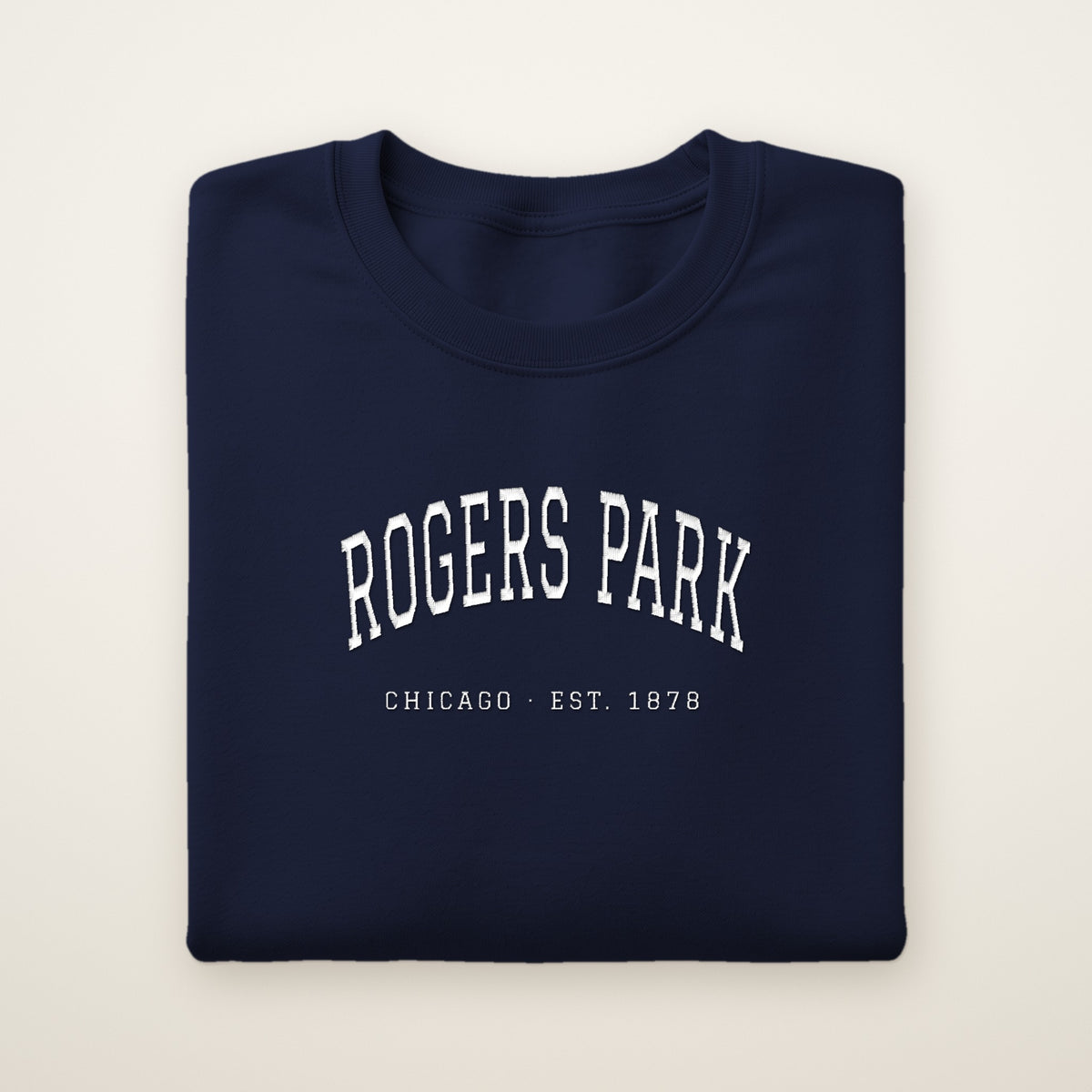 Rogers Park Chicago embroidered crewneck sweatshirt, Navy, white embroidery