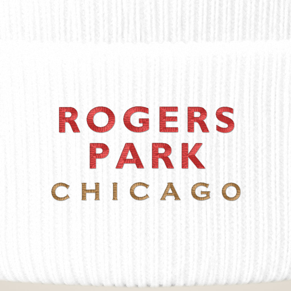 Rogers Park Chicago embroidery close-up in red and old gold thread