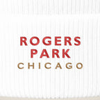Rogers Park Chicago embroidery close-up in red and old gold thread