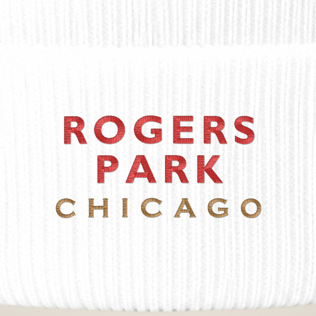 Rogers Park Chicago embroidery close-up in red and old gold thread