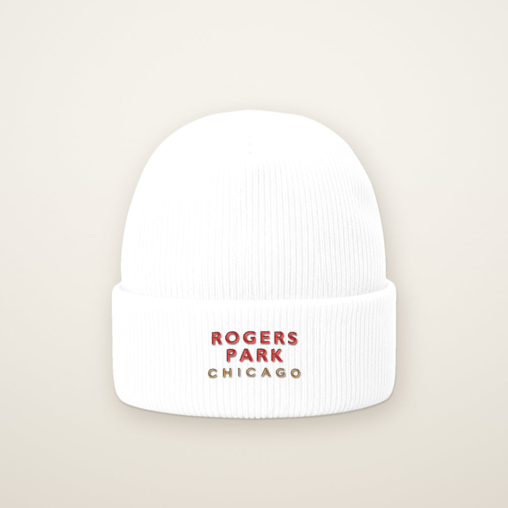 Rogers Park Chicago Embroidered Cuffed Beanie, Red Thread, front view