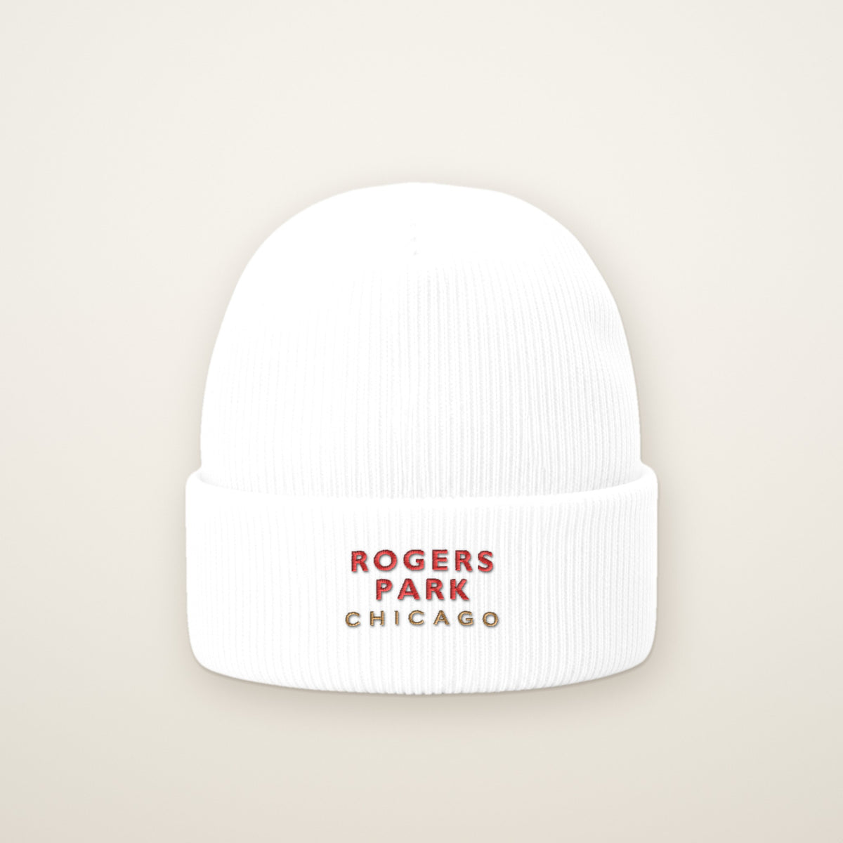 Rogers Park Chicago Embroidered Cuffed Beanie, Red Thread, front view