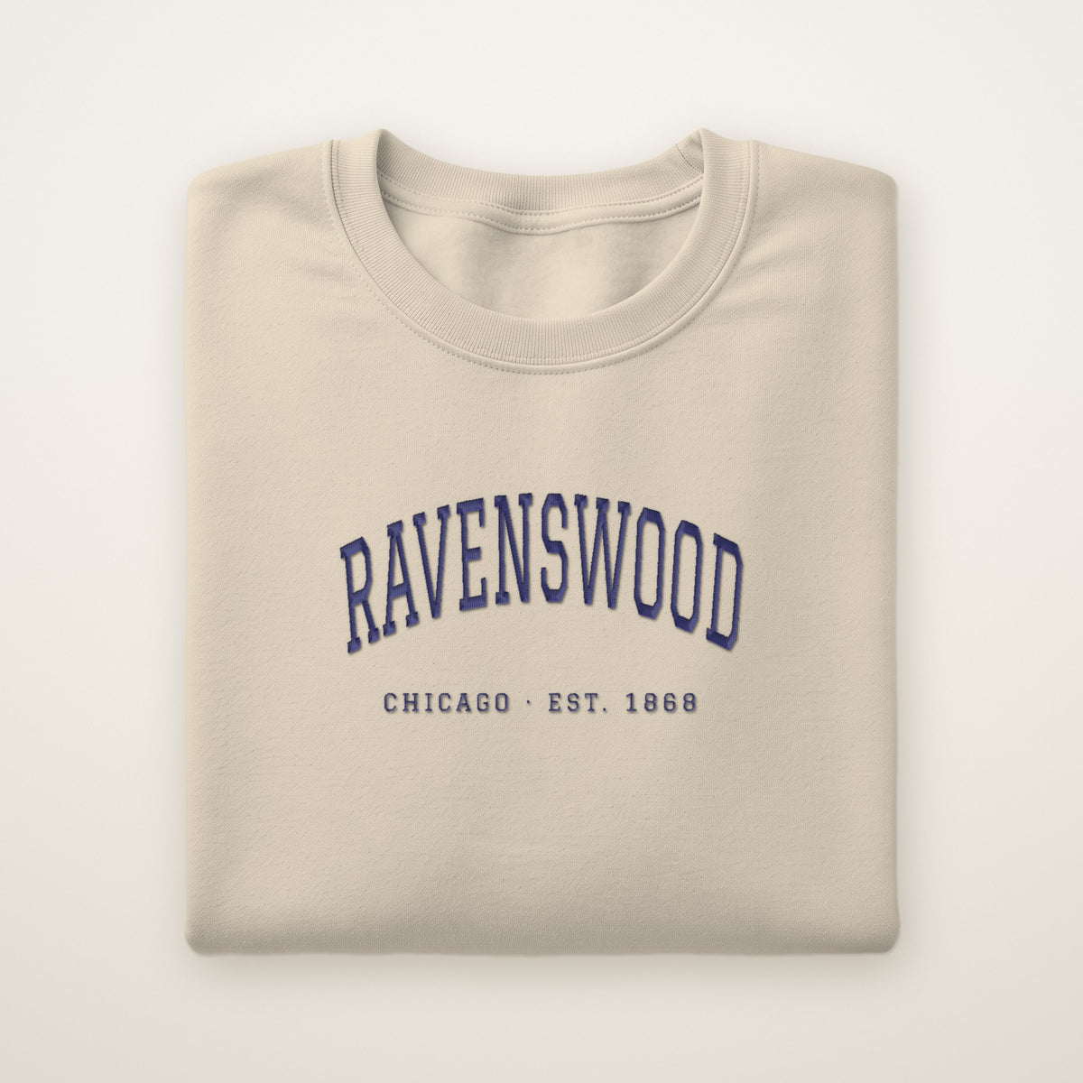 Ravenswood Chicago Embroidered Crewneck — Navy Thread on Sand