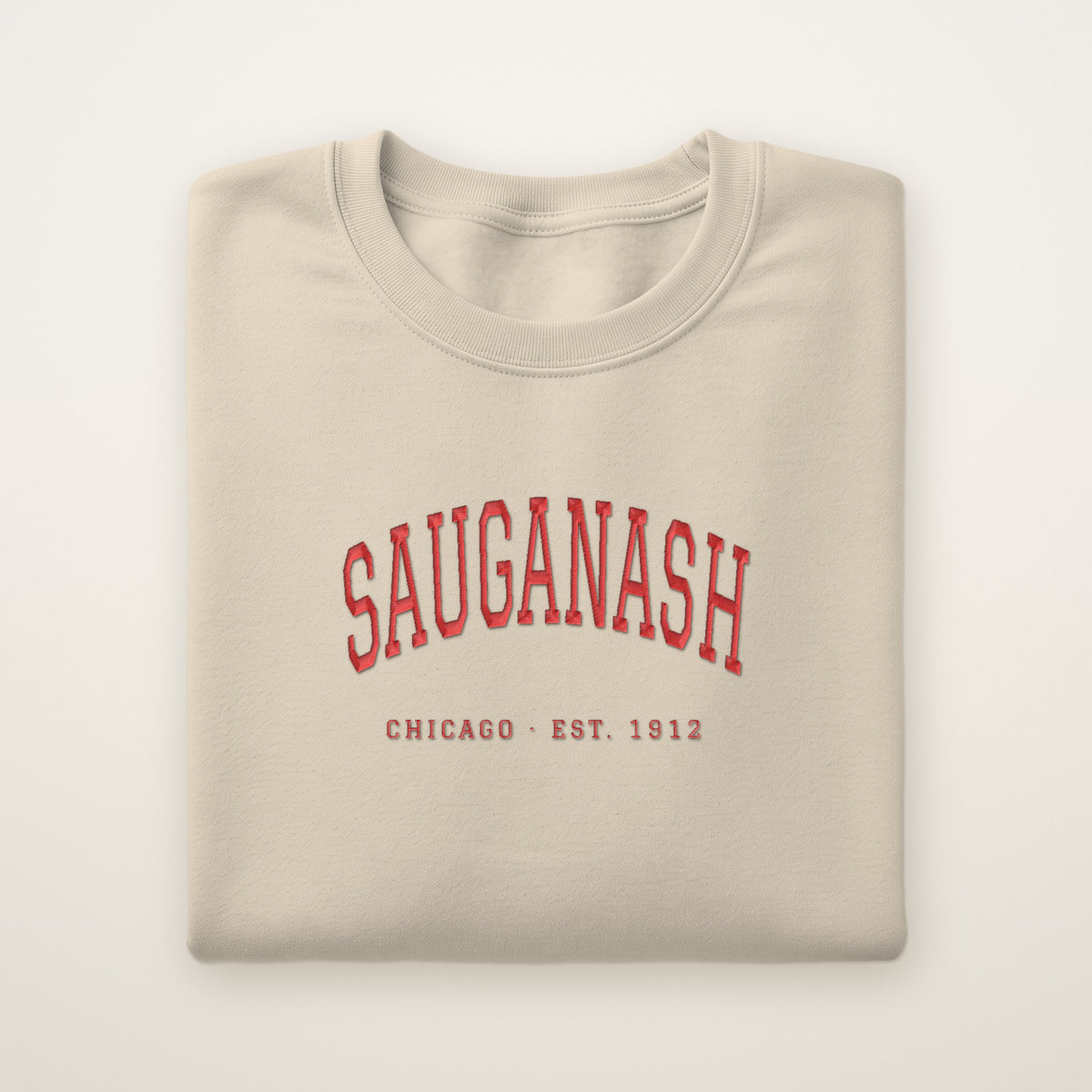 Sauganash Chicago Embroidered Crewneck — Red Thread on Sand