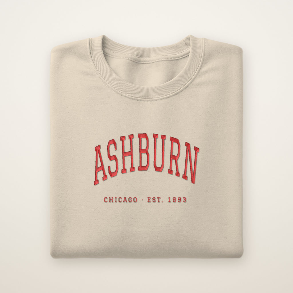 Ashburn Chicago Embroidered Crewneck — Red Thread on Sand