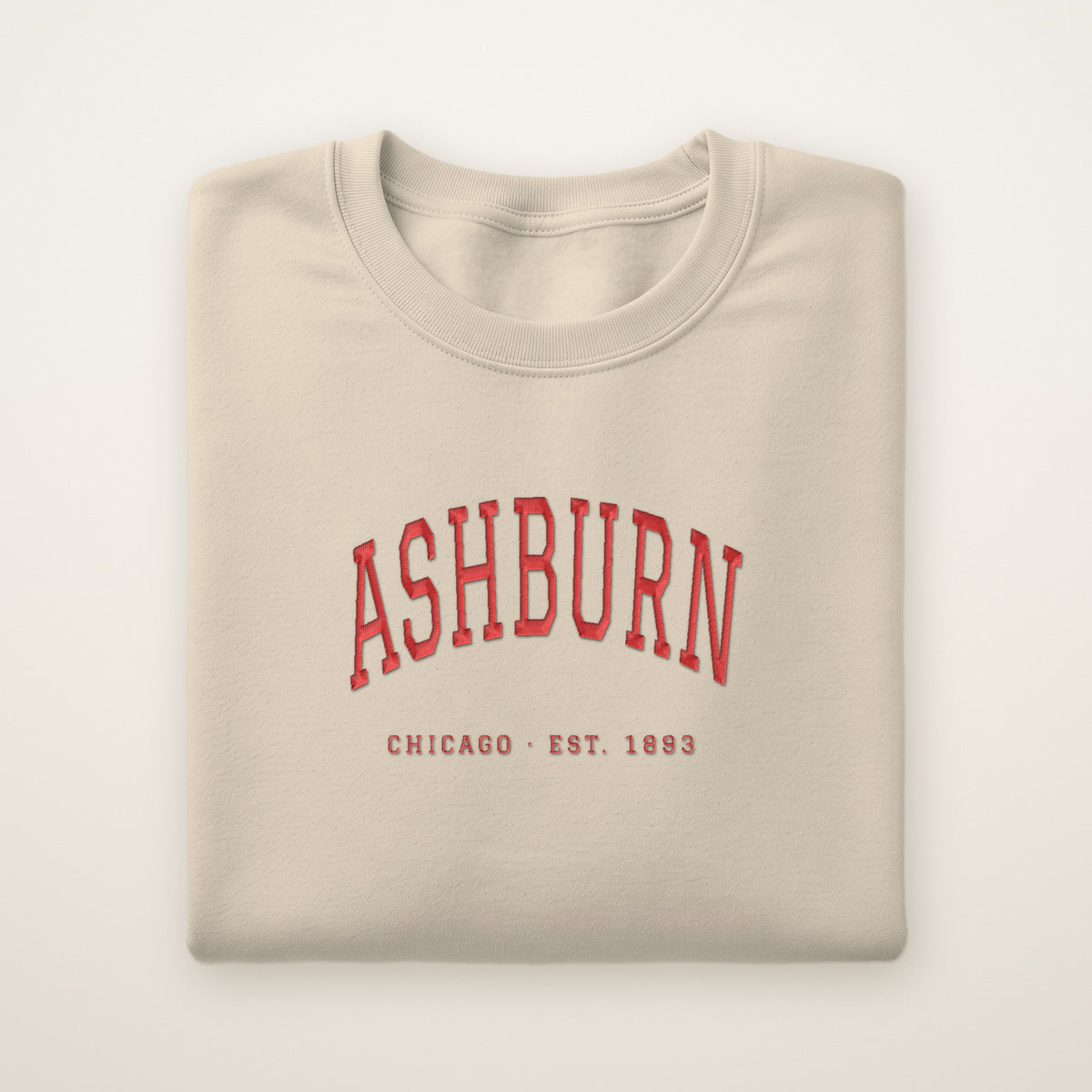 Ashburn Chicago Embroidered Crewneck — Red Thread on Sand