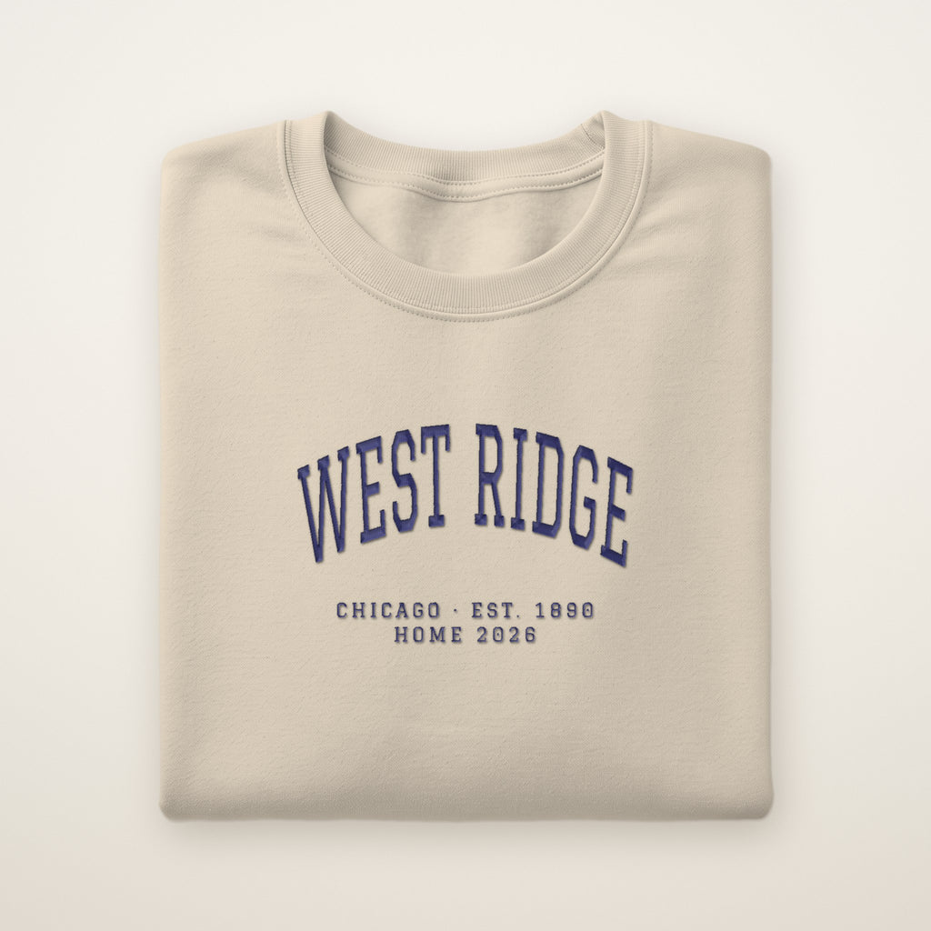West Ridge Chicago Home 2026 Embroidered Crewneck — Navy Thread on Sand