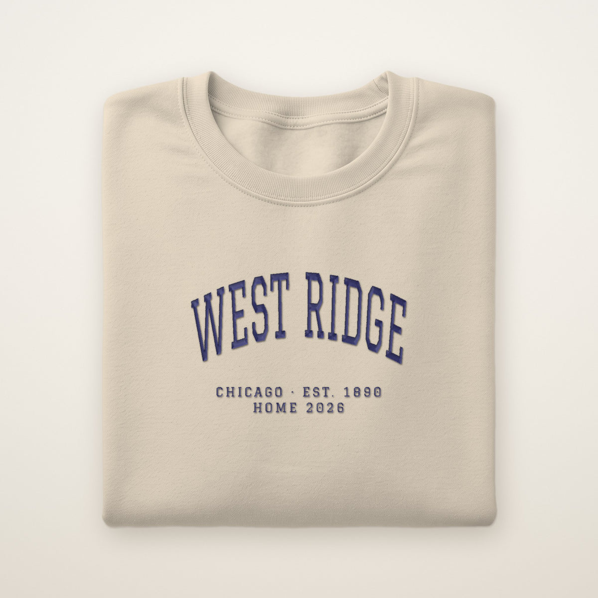 West Ridge Chicago Home 2026 Embroidered Crewneck — Navy Thread on Sand