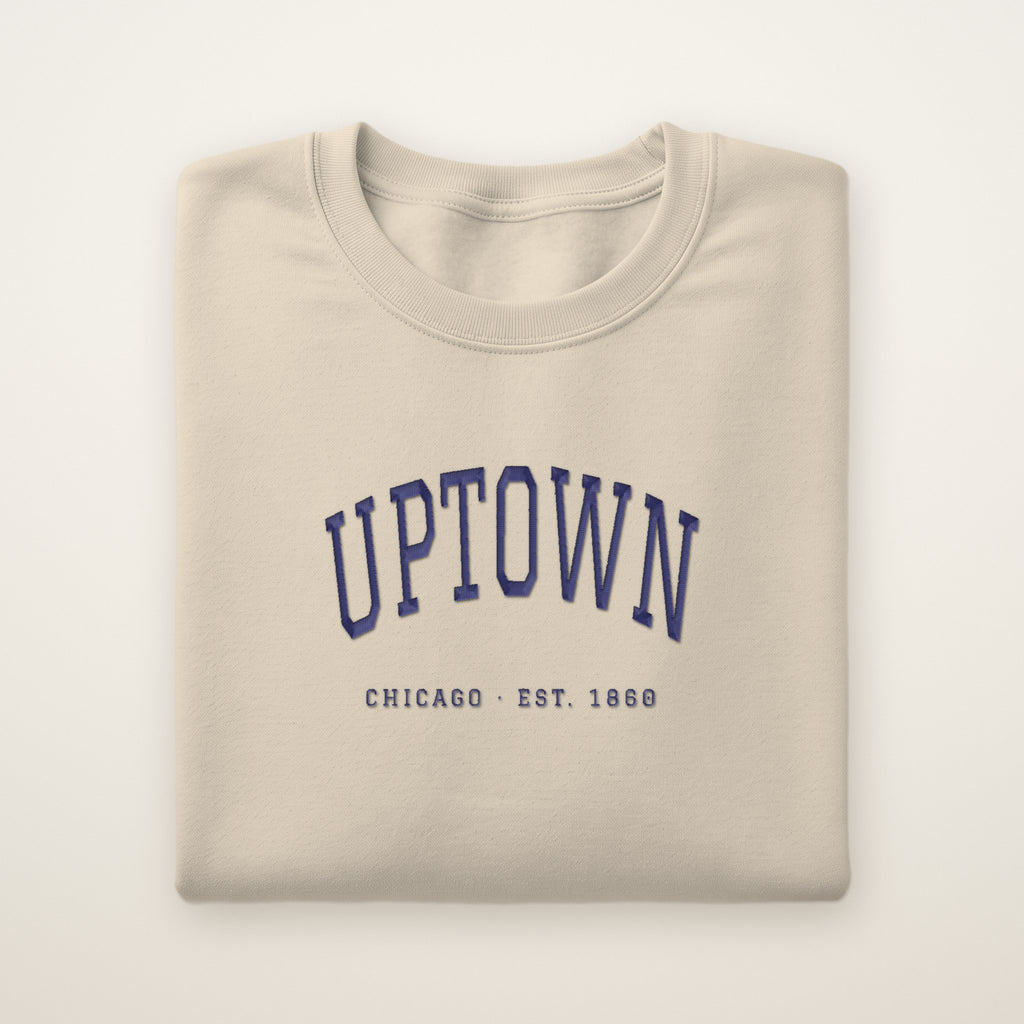 Uptown Chicago Embroidered Crewneck — Navy Thread on Sand