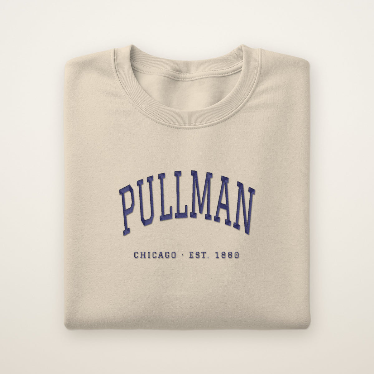 Pullman Chicago Embroidered Crewneck — Navy Thread on Sand