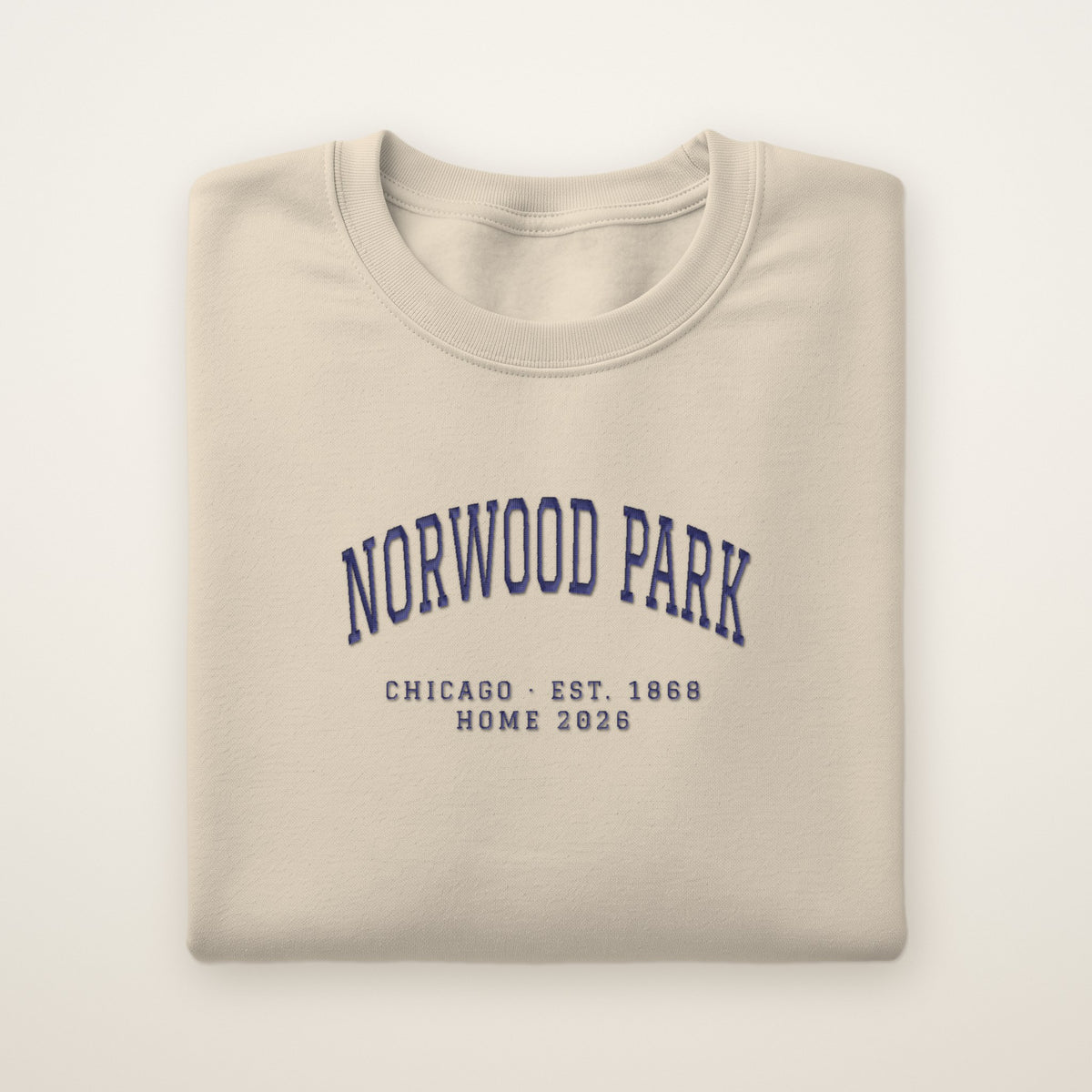 Norwood Park Chicago Home 2026 Embroidered Crewneck — Navy Thread on Sand
