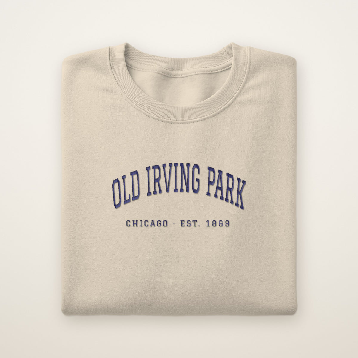 Old Irving Park Chicago Embroidered Crewneck — Navy Thread on Sand