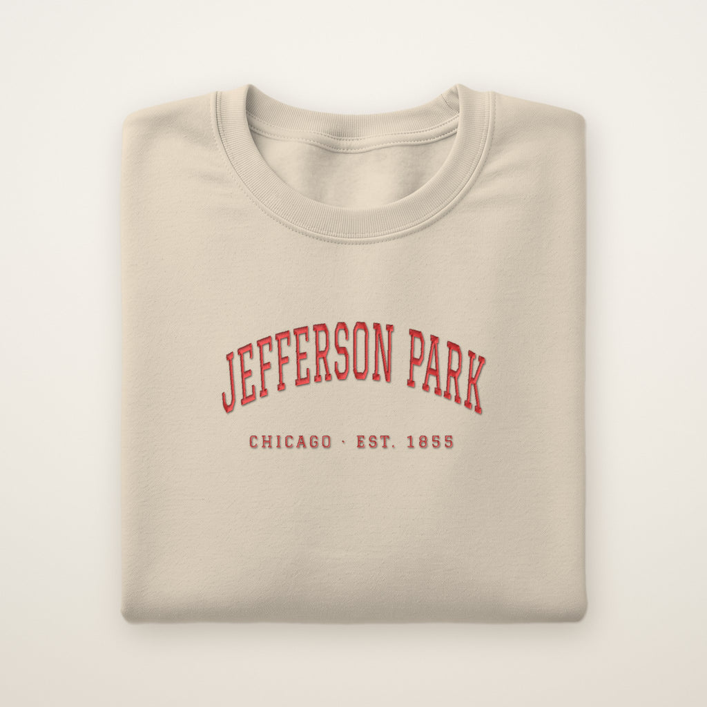 Jefferson Park Chicago Embroidered Crewneck — Red Thread on Sand