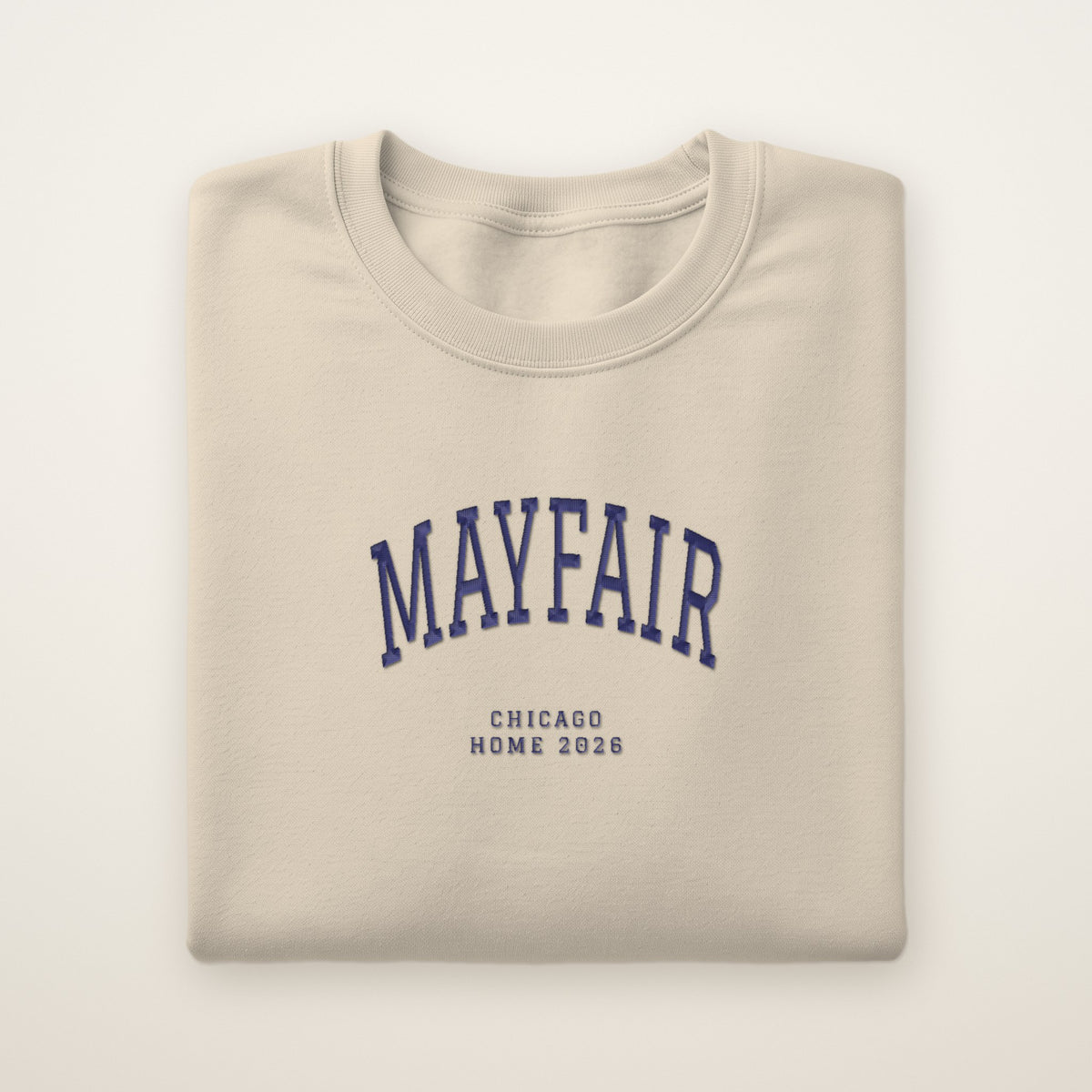 Mayfair Chicago Home 2026 Embroidered Crewneck — Navy Thread on Sand