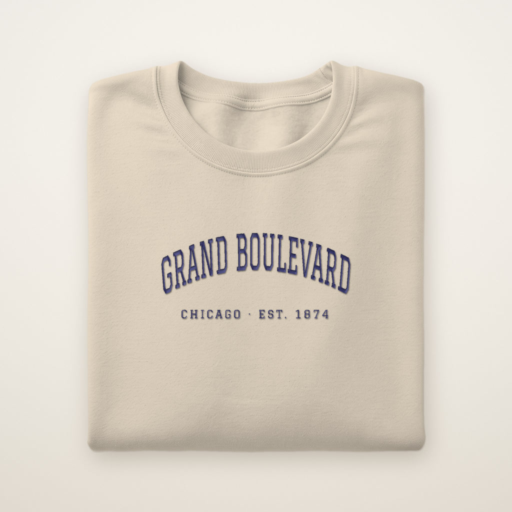 Grand Boulevard Chicago Embroidered Crewneck — Navy Thread on Sand