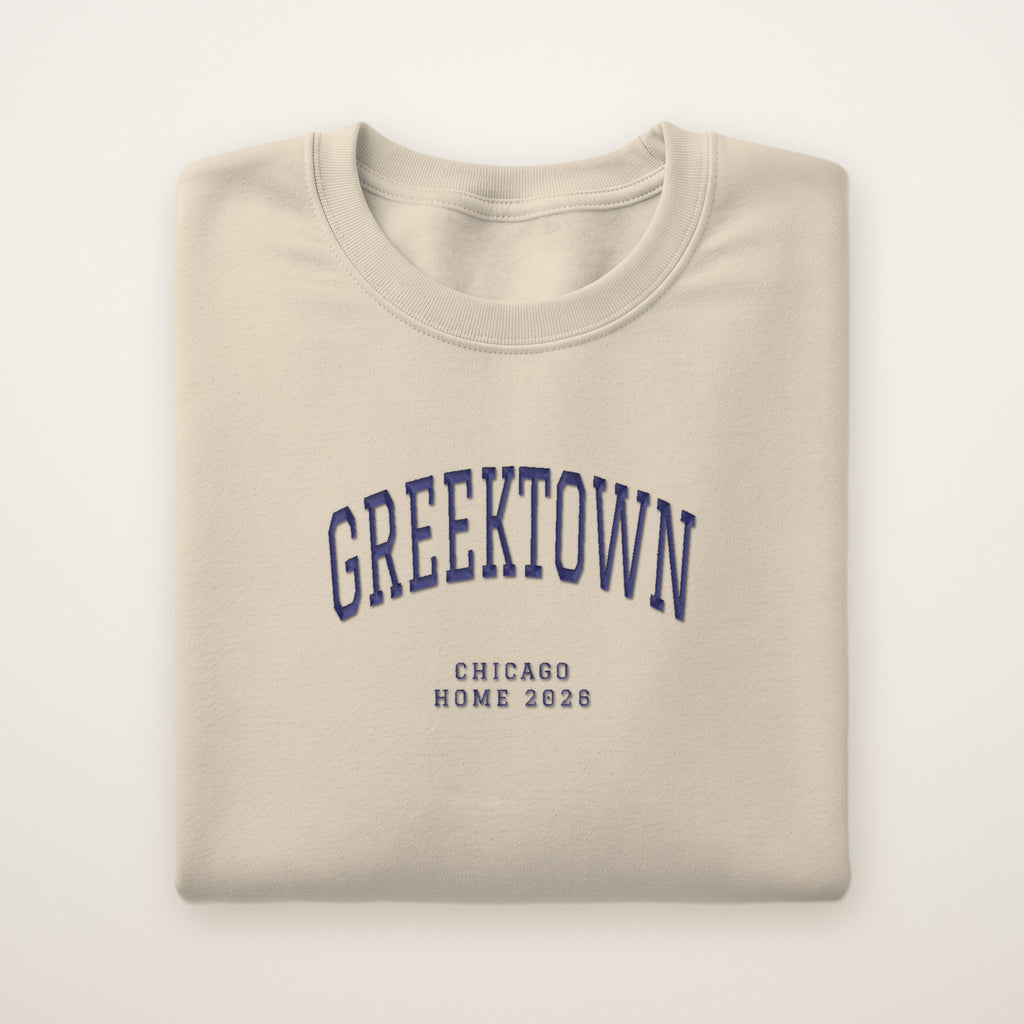 Greektown Chicago Home 2026 Embroidered Crewneck — Navy Thread on Sand