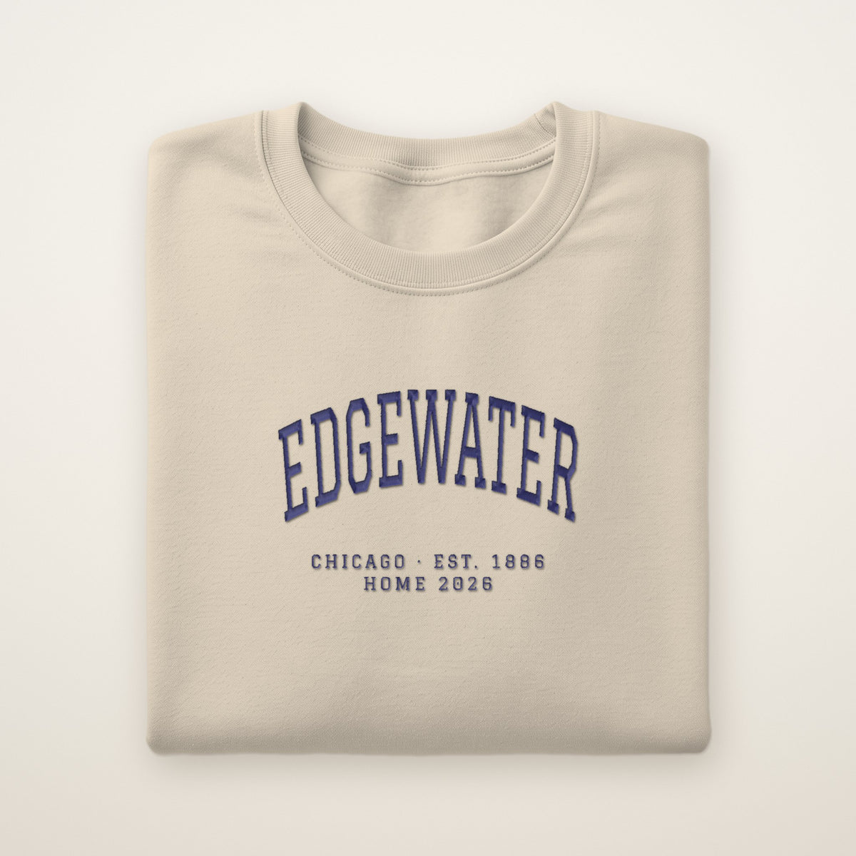 Edgewater Chicago Home 2026 Embroidered Crewneck — Navy Thread on Sand