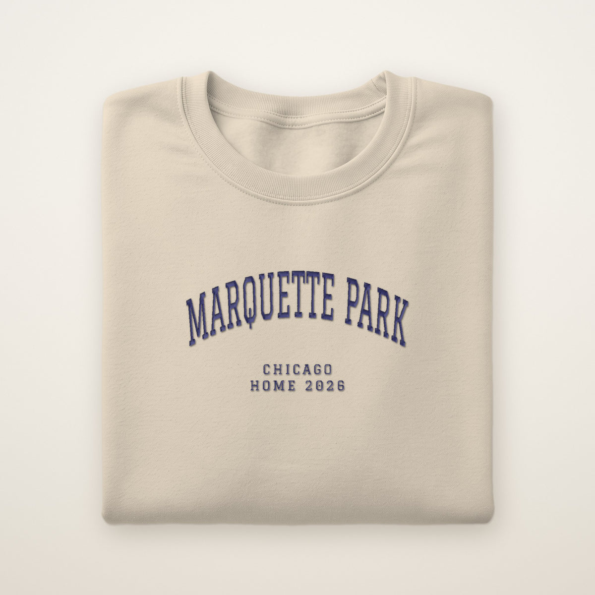 Marquette Park Chicago Home 2026 Embroidered Crewneck — Navy Thread on Sand