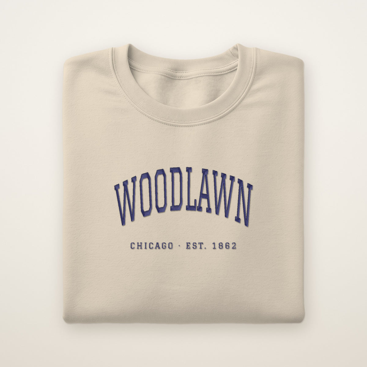 Woodlawn Chicago Embroidered Crewneck — Navy Thread on Sand