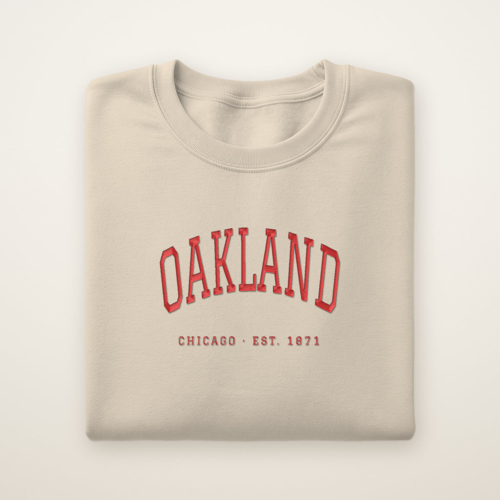 Oakland Chicago Embroidered Crewneck — Red Thread on Sand