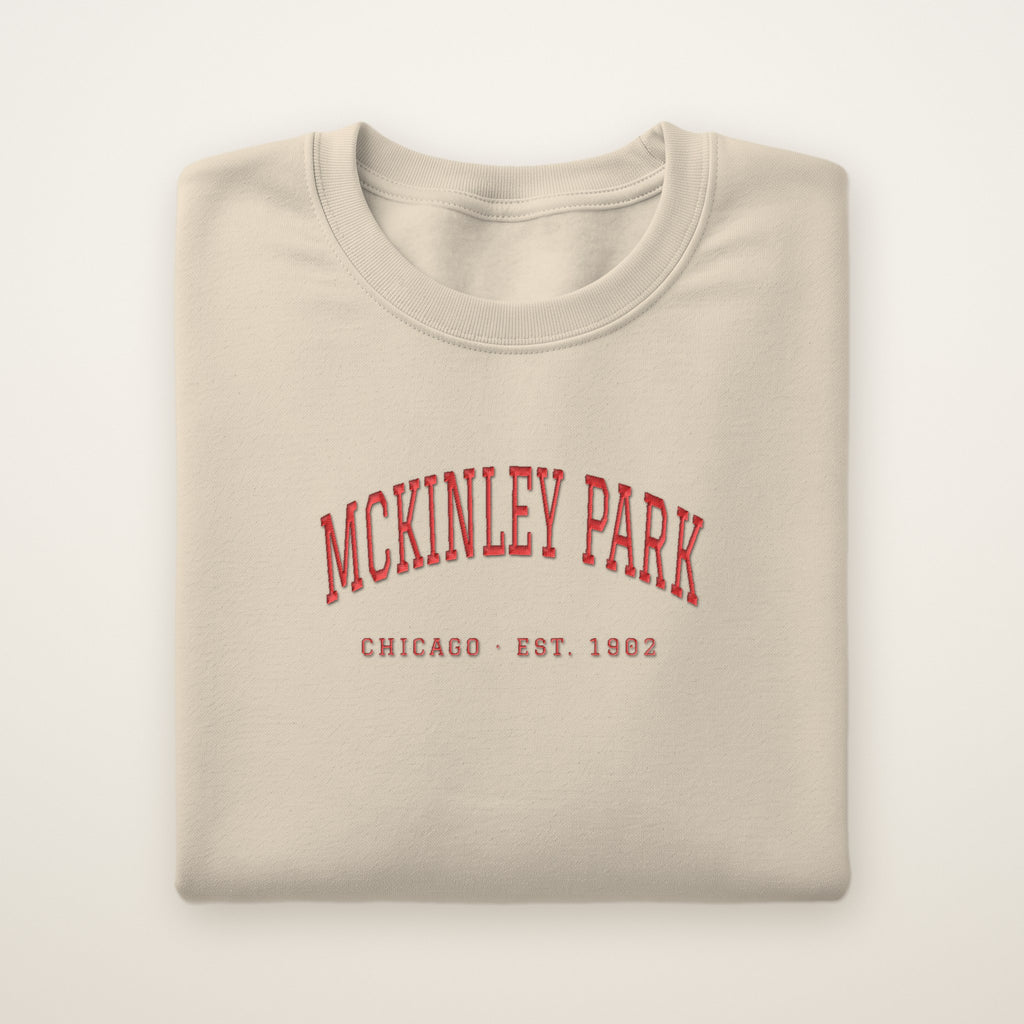 McKinley Park Chicago Embroidered Crewneck — Red Thread on Sand