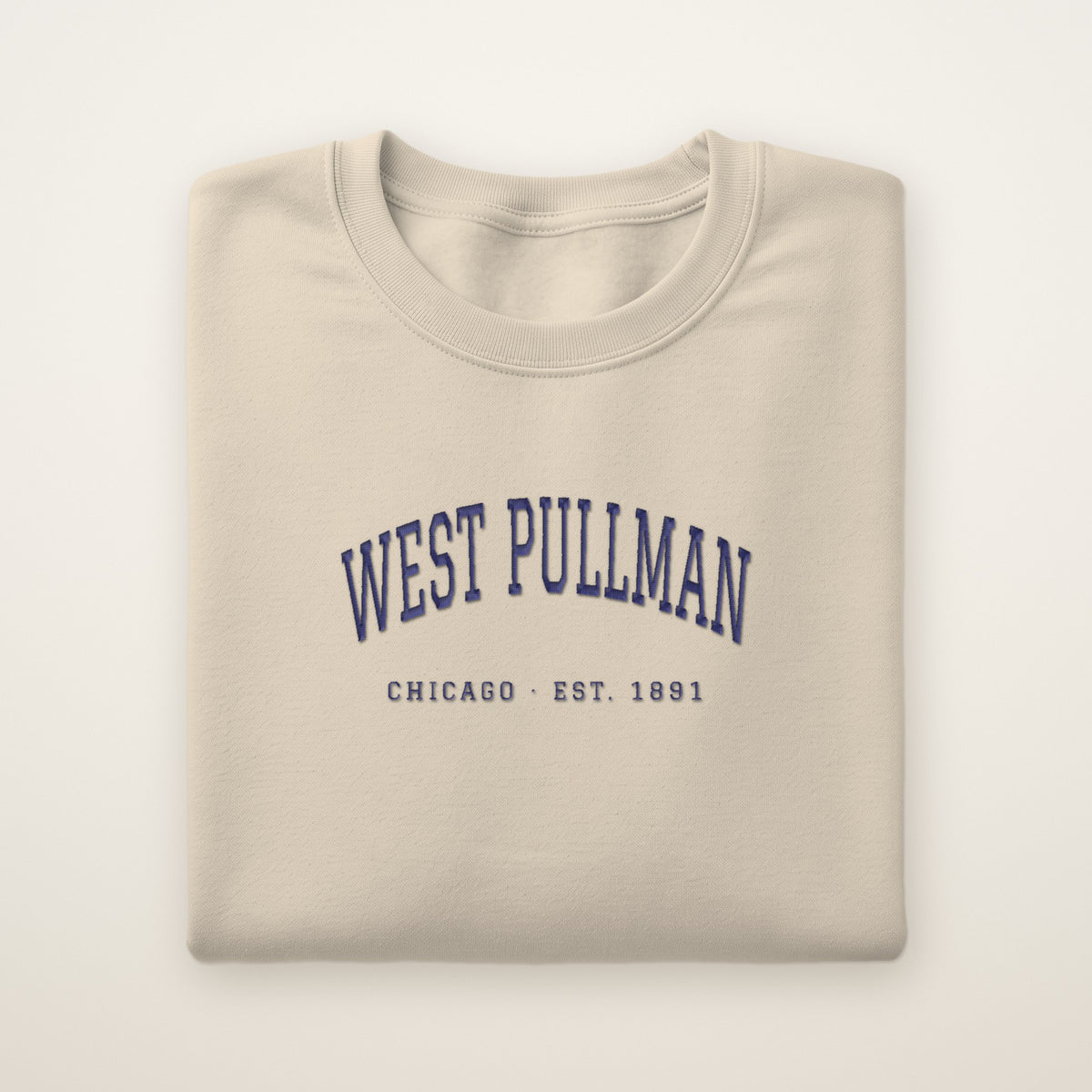 West Pullman Chicago Embroidered Crewneck — Navy Thread on Sand