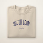 South Loop Chicago Embroidered Crewneck — Navy Thread on Sand